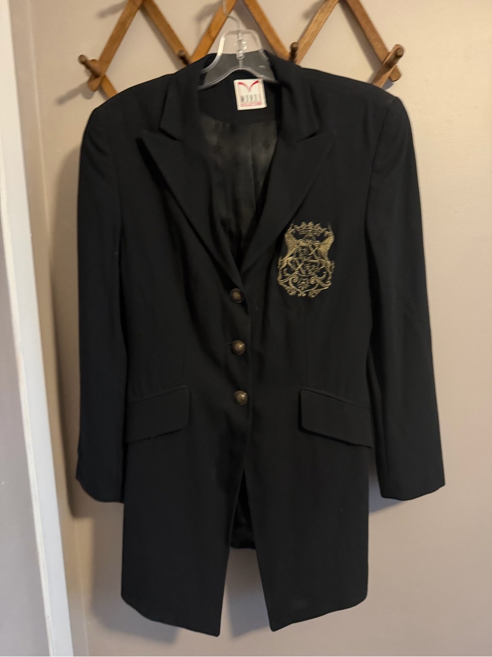 MONDI Vintage Crest Gold Embroidered Virgin Wool Long Blazer Jacket Black 38